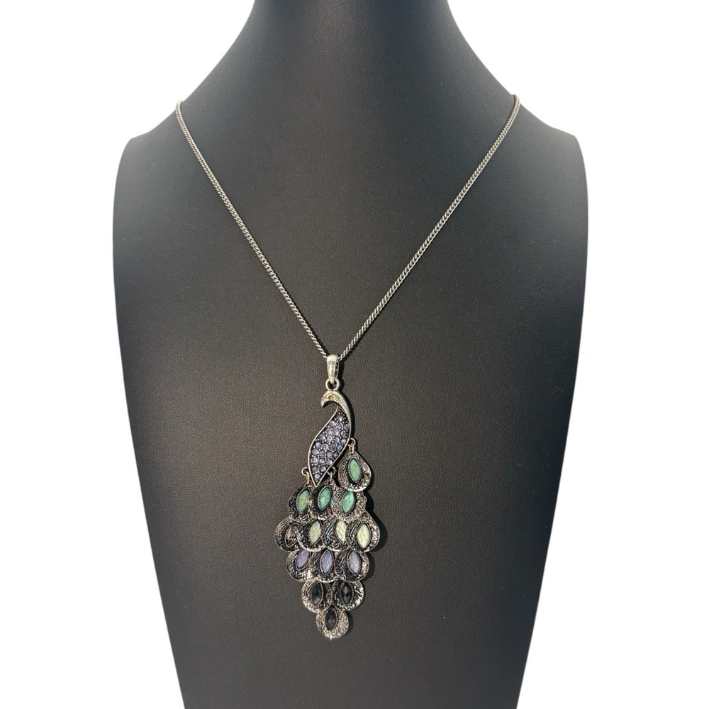 Vintage Silver Tone Rhinestone Dangling Feathers Peacock Bird Statement Necklace